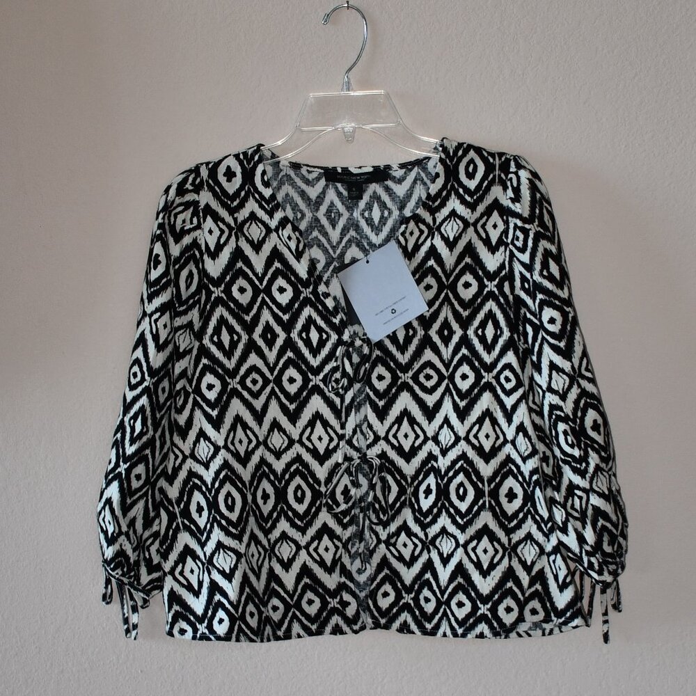 Marc New York Black Geometric Print 3/4 Sleeve Linen Blouse Front Tie Size Small